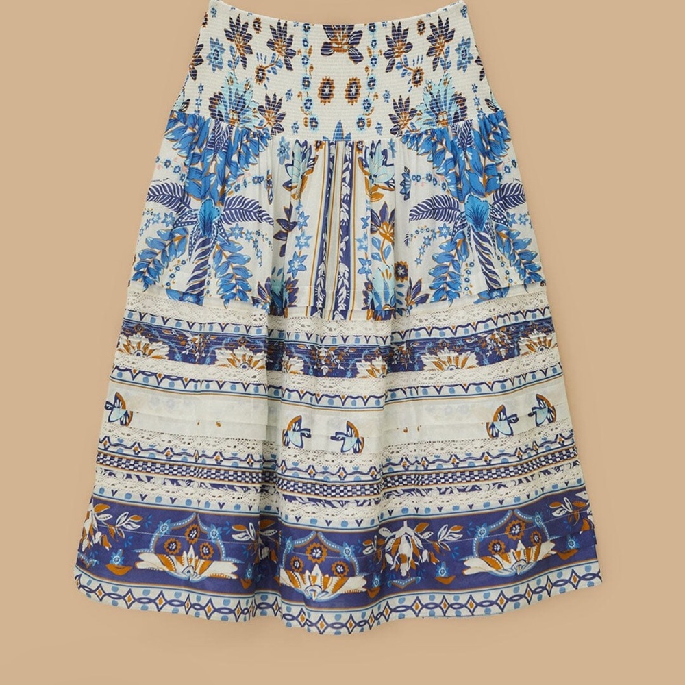 NWT FARM RIO Off-White Ana Tapestry Organic Cotton Midi Skirt